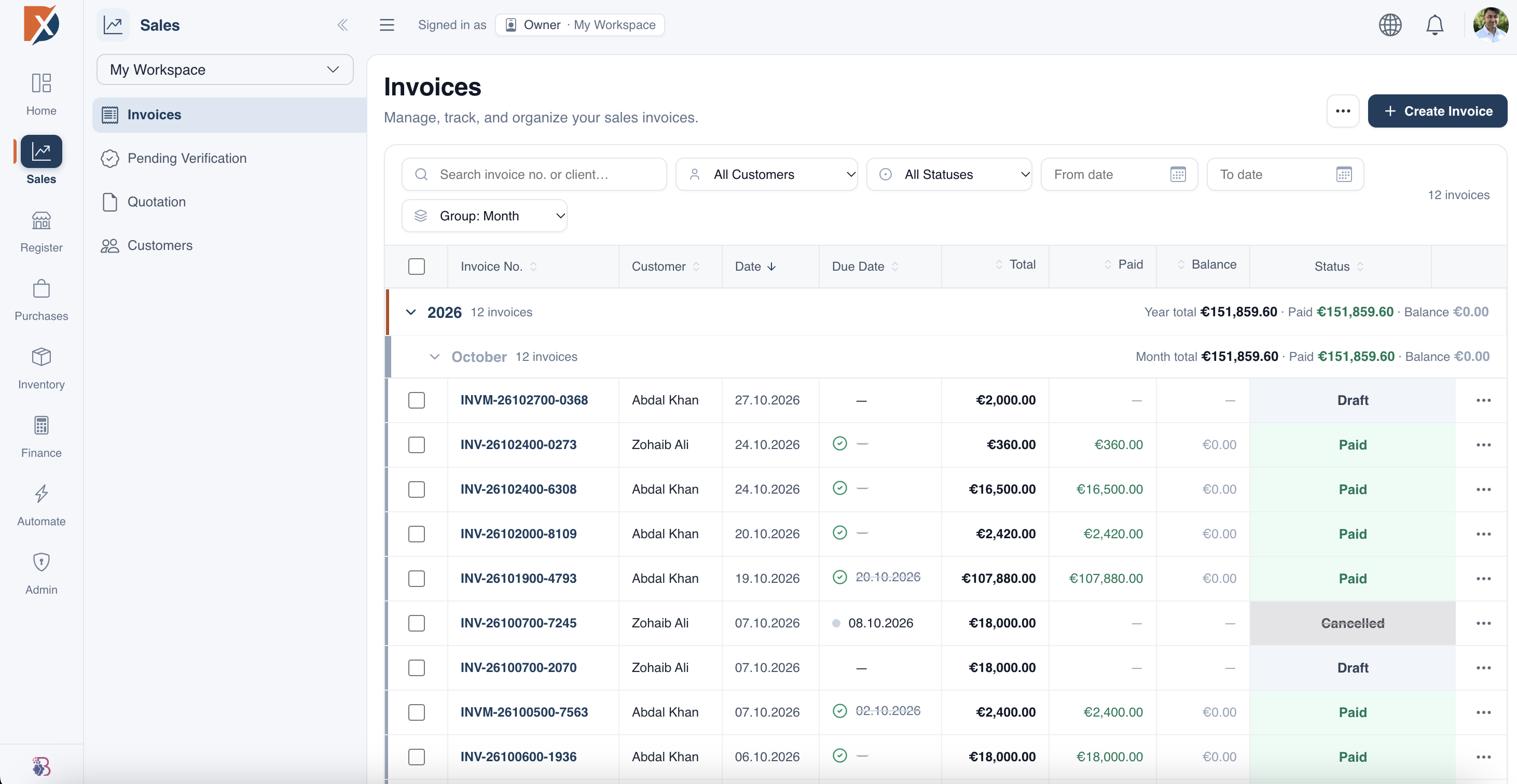Docelix-Rechnungsbereich mit Kundenrechnungen, offenen Beträgen, Zahlungsstatus und Navigation für Verkauf, Kasse, Einkauf, Lager und Finanzen