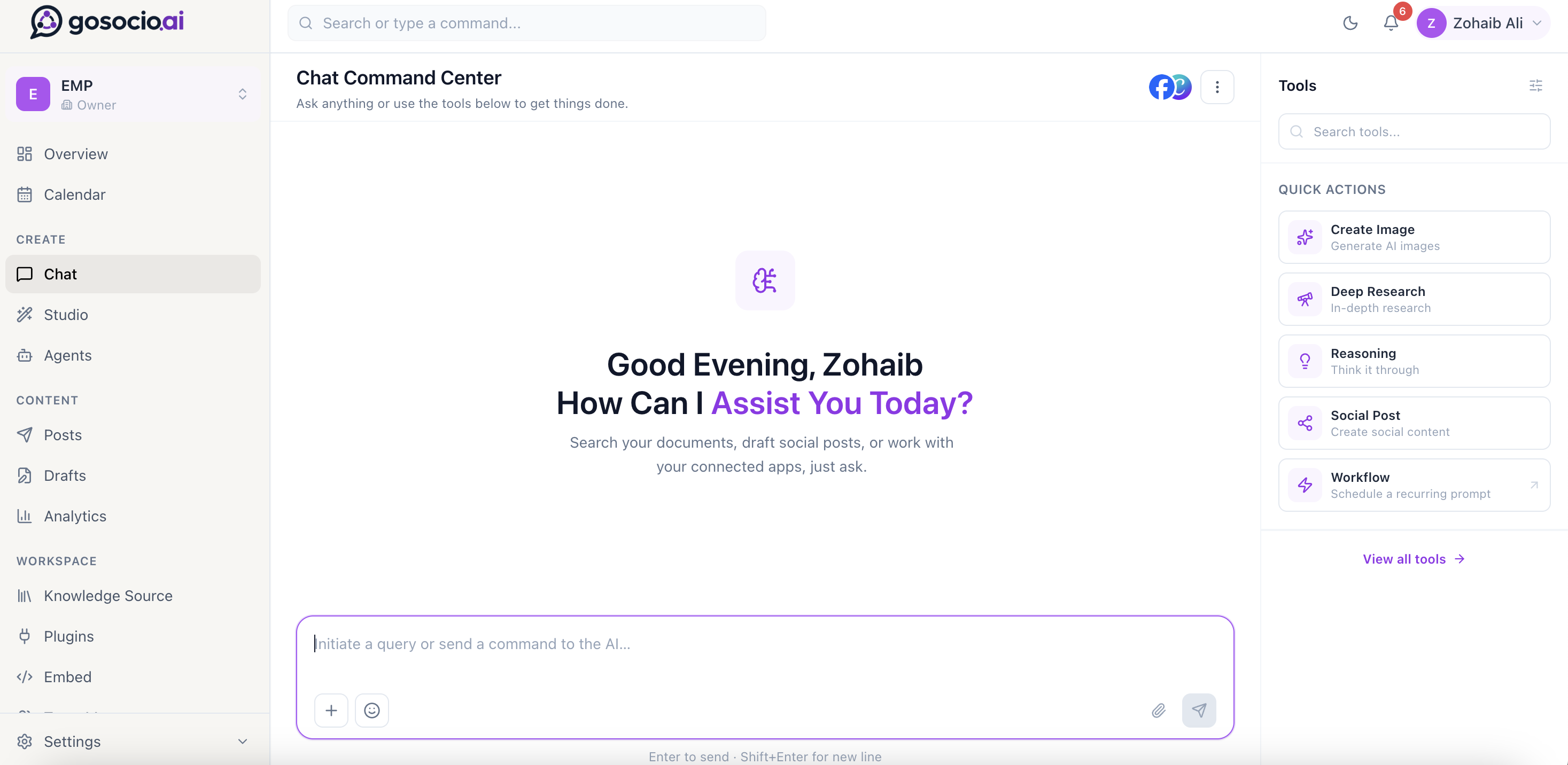 GoSocio Chat Command Center with a message composer, AI tools and navigation for content and connected workspace features