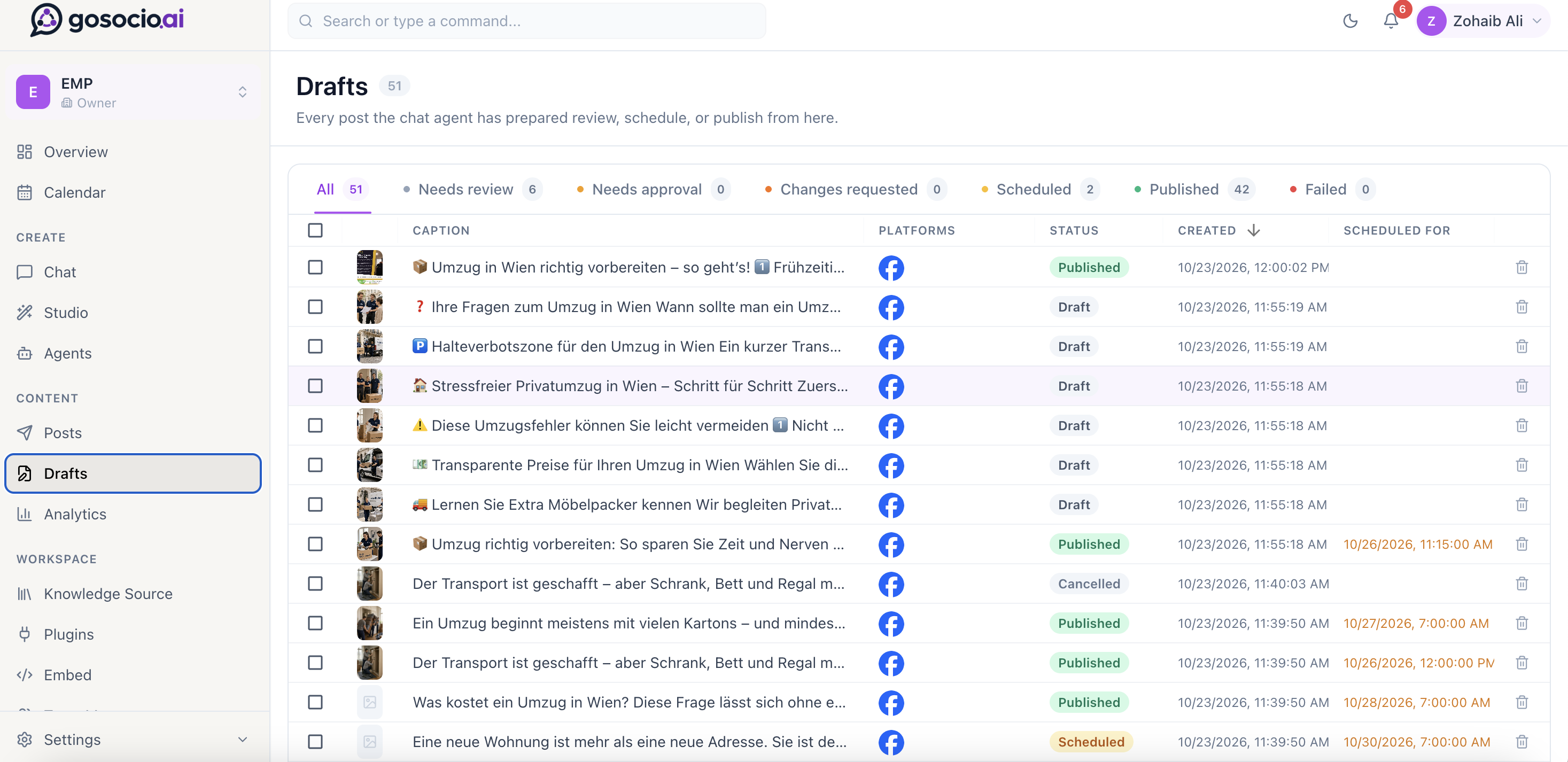 GoSocio drafts list showing social captions, platforms, review and approval filters, publishing statuses and scheduled dates