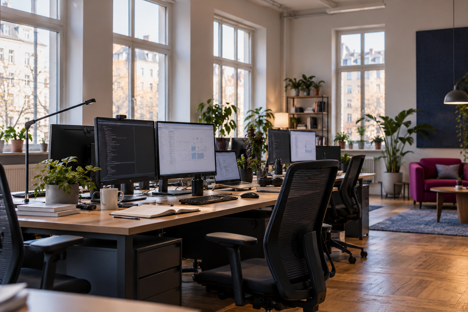 AI-generated illustration of a bright shared office with desks, monitors and plants